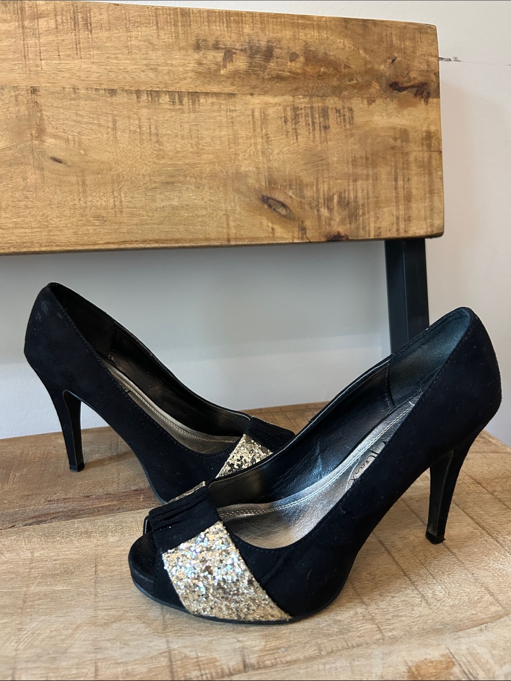 Vionic Black Suede Peep-Toe Pumps with Gold Glitter Accent